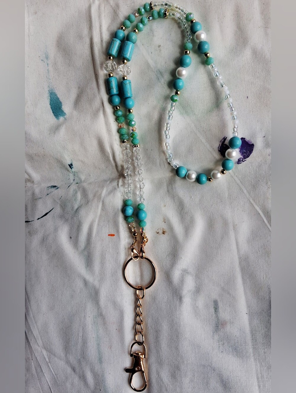Turquoise Beaded Landyard Necklace with Gold Ring
